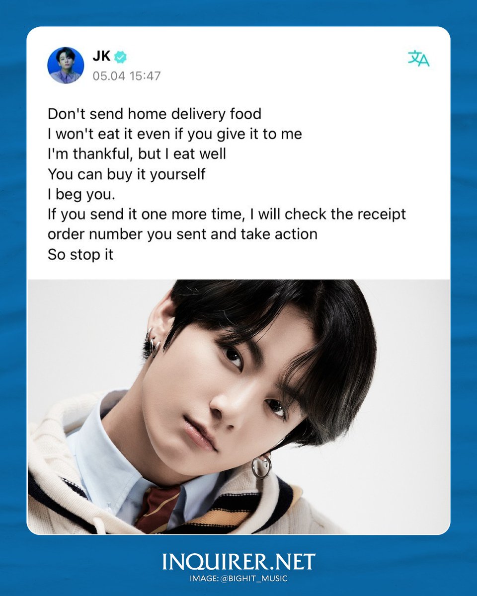 inquirerdotnet's tweet photo. 'STOP IT'

LOOK: Jungkook of the South Korean supergroup #BTS "begs" his fans to respect his privacy by stopping sending him food after he received food deliveries from anonymous senders. | 📸: JK/Weverse https://t.co/rqPdMFFwq6