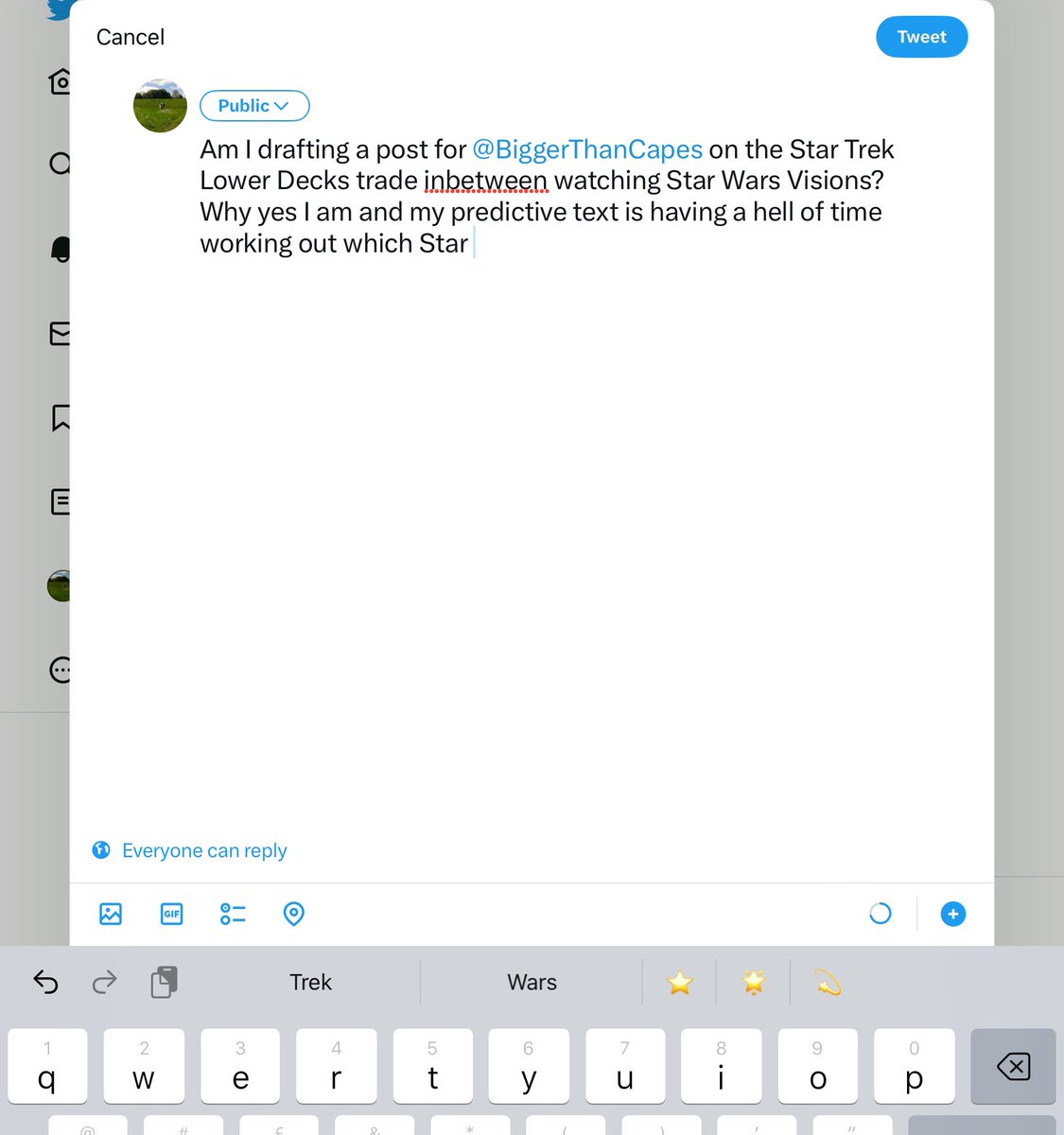 crpenguin's tweet photo. Am I drafting a post for @BiggerThanCapes on the Star Trek Lower Decks trade inbetween watching Star Wars Visions 2? Why yes I am and my predictive text is having a hell of time working out which Star I mean. https://t.co/R3hw1AbsJt