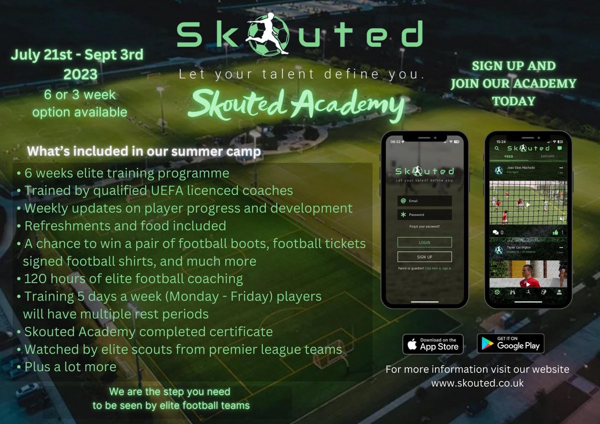 SkoutedFootball's tweet photo. Great opportunity to be involved in our Skouted Academy this summer in Manchester. From 6 to 19 year olds welcome you will have over 120 hours of coaching with scouts attending. Sign up through our app or website. #skouted #football #manchester https://t.co/nsDpSrCQjC