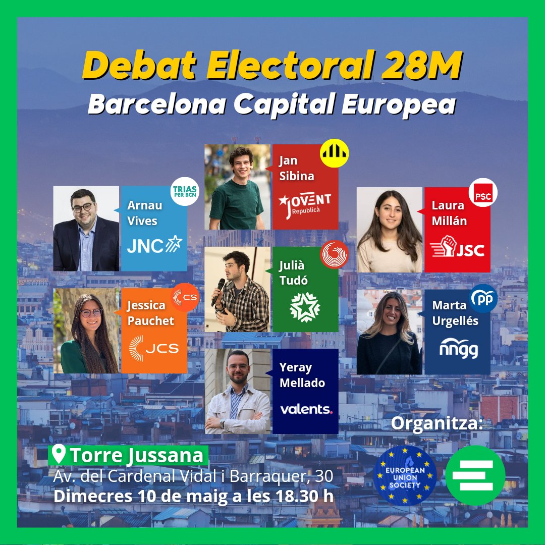 El primer debat juvenil amb perspectiva europea pel #28M i amb les candidatures joves de #Barcelona. 👇 Inscripció: forms.gle/69cyzoAQcih6rA… Participen: @jcisquella, @jansibina, @laumi_m, @arnauvivesjuan, @jessipg_493, @martaurgellesg, @yeraymellado. #FemEuropa 🇪🇺💚 @eusociety_