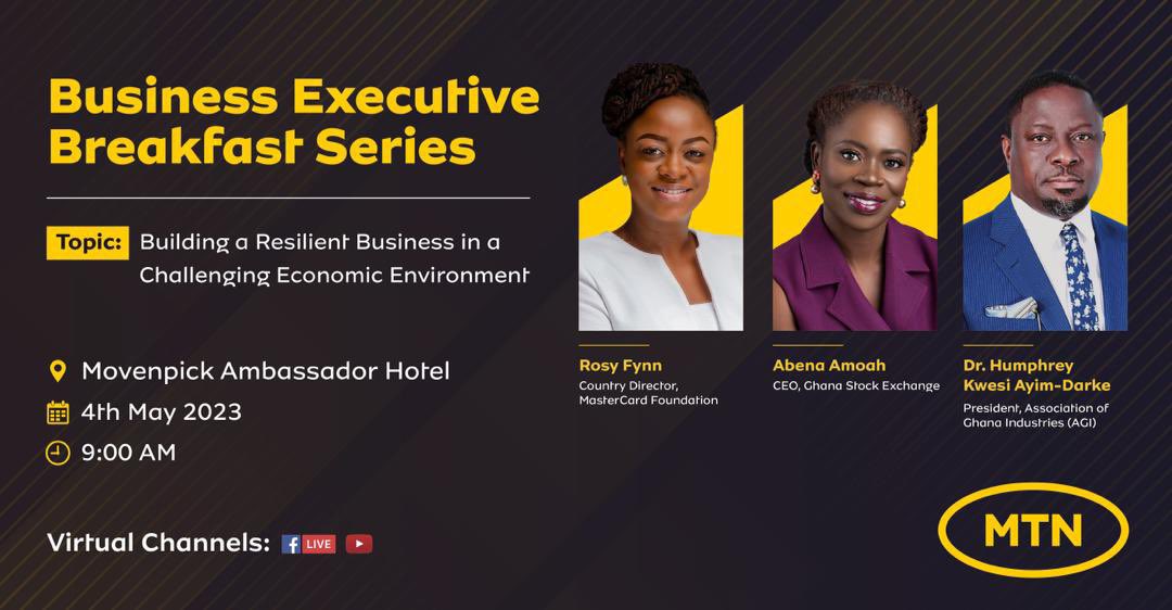 MTNGhana's tweet photo. “Building a resilient business in a challenging economic environment” is the topic for our business breakfast meeting this morning at Movenpick Ambassador Hotel, Join us via Facebook: https://t.co/mvfI2oH4J8 Youtube: https://t.co/IiVg9ekHoN #MTNBusinessBreakfast #Partner4Growth https://t.co/lv0WCTz6fE