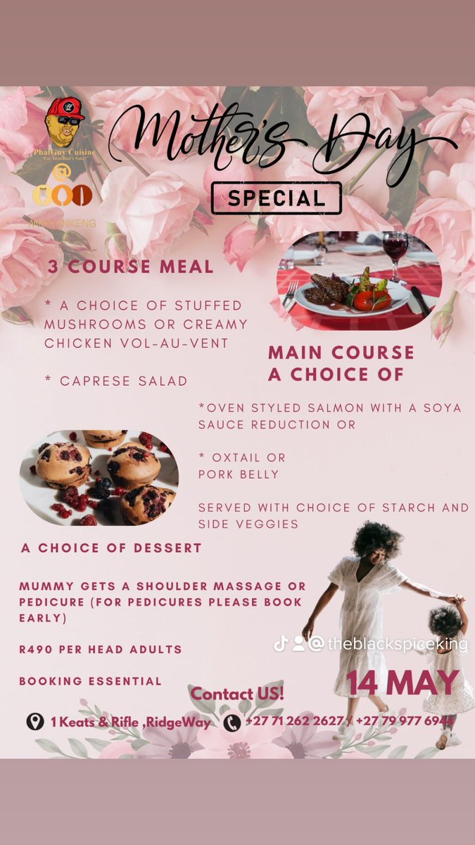 PhatguyC's tweet photo. @tboseZA She is your first true love.. show her with actions.. gourmet meal, beauty treatment, motivational speaker. A functional memorable gift. This mother's day, PhatGuy At Maplankeng in Ridgeway got u. https://t.co/h8pRkyqzcn