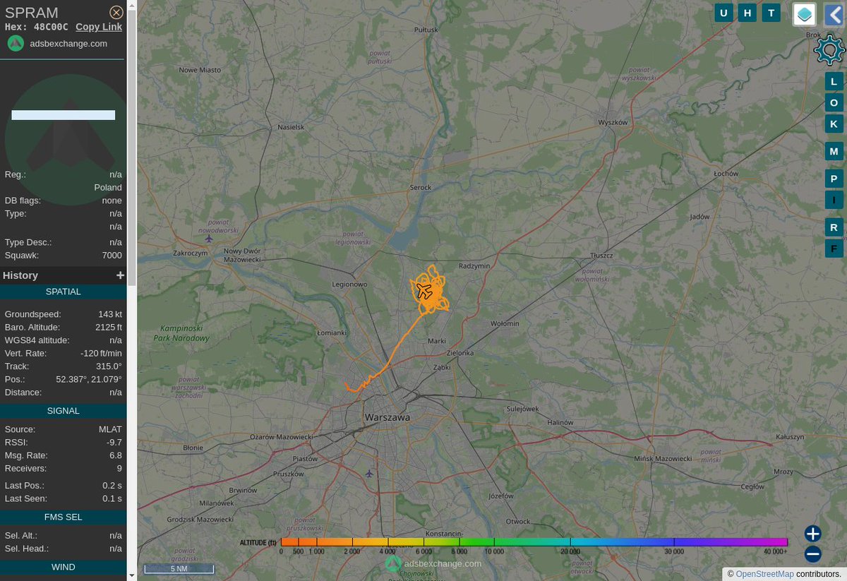 Radar_Assistant's tweet image. CIRCLING ALERT : At time Thu May  4 09:32:59 2023 #SPRAM    was likely to be circling at FL22 14nm from OKE Okecie_VOR-DME_PL
 near Brukowa, Słupno, gmina Radzymin, powiat wołomiński #AvGeek #ADSB globe.adsbexchange.com/?icao=48C00C&amp;amp;z…