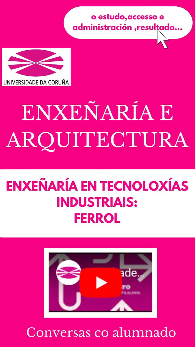Rama de Enxeñaría e Arquitectura: Enxeñaría en Tecnoloxías Industriais no Campus de Ferrol.
Acceso ás portas abertas virtuais mediante a seguinte ligazón: udc.gal/gl/futuros_est…