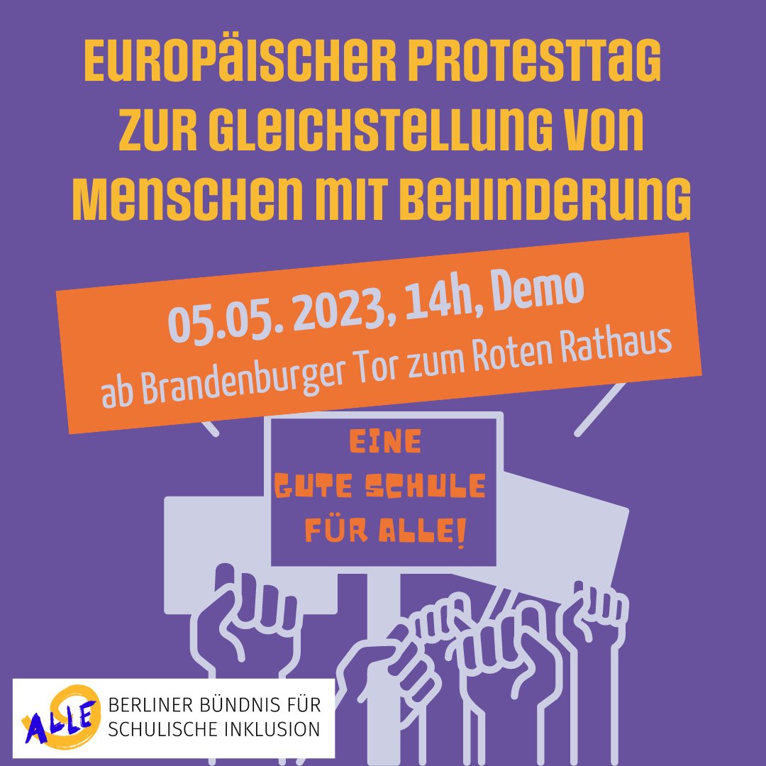 ...📢 Kommt mit uns auf die Straße 🥁 zur ❗️ Demo am 05. Mai zum Europäischen Protesttag zur Gleichstellung von Menschen mit Behinderungen❗️
📣 Demo-Beginn: 14 Uhr vom Brandenburger Tor zum Roten Rathaus 
ℹ️ Infostände und 🎵 Bühnenprogramm ab 14.45 Uhr am Roten Rathaus