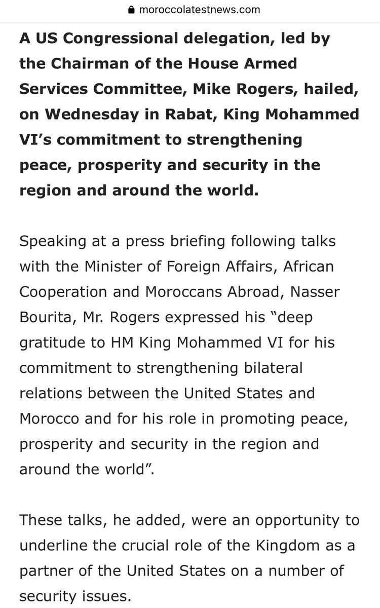 MissBChaimae's tweet photo. The Chairman of the Armed Services Committee -The U.S. House of Representatives,expressed “enthusiasm for the #MajorReforms achieved by the Kingdom of Morocco, under the Leadership of His Majesty the King Mohammed VI. Morocco’s #multiple efforts,Role for regional peace&amp;stability” https://t.co/OF33MdshHD