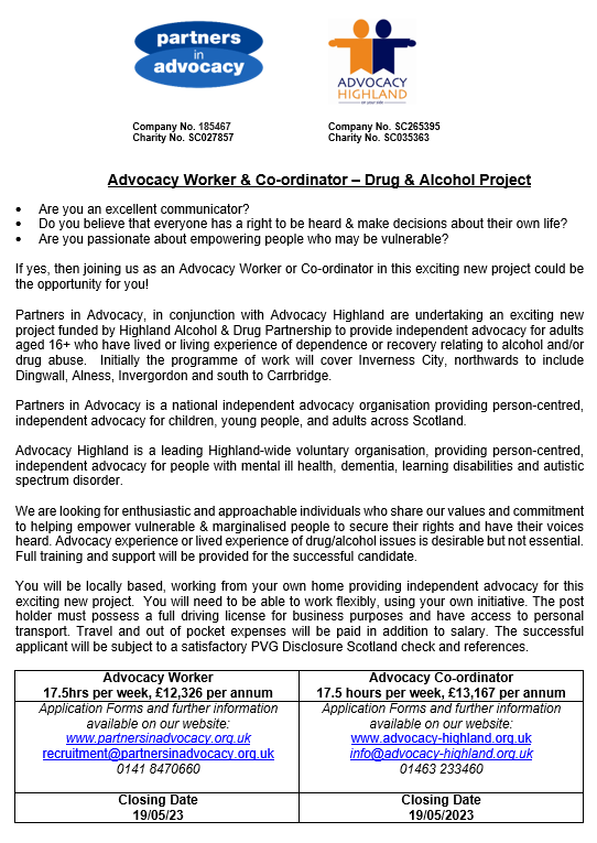 We are recruiting an Advocacy Worker and Advocacy Co-ordinator for an exciting new project!
advocacy-highland.org.uk/index.php/2023…

@PIAScotland <a href="/HighlandADP/">Highland Alcohol & Drugs Partnership</a>