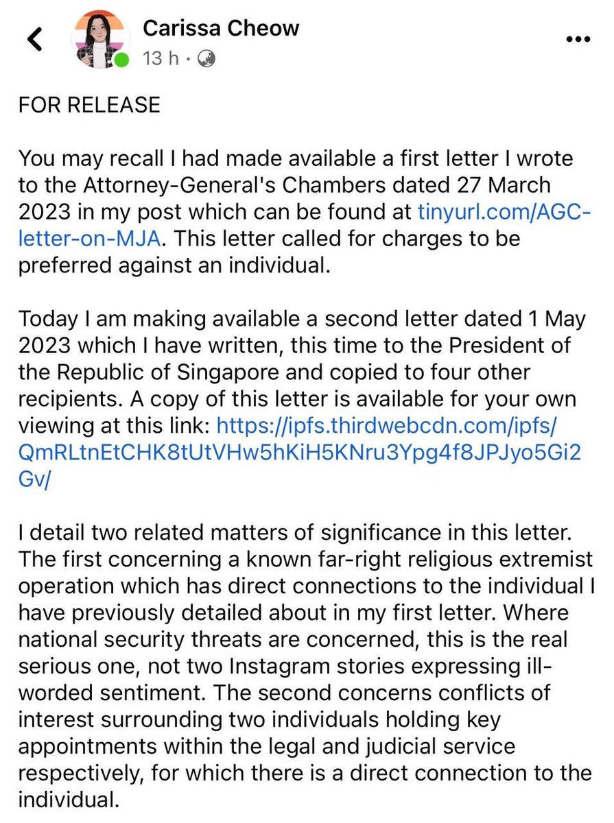 victimsofmalice's tweet photo. Carissa’s 22-page letter to the Istana is available here: https://t.co/IPAmDv5Uue. Please share. Do not let this be buried and silenced. https://t.co/2R6bGp9apP