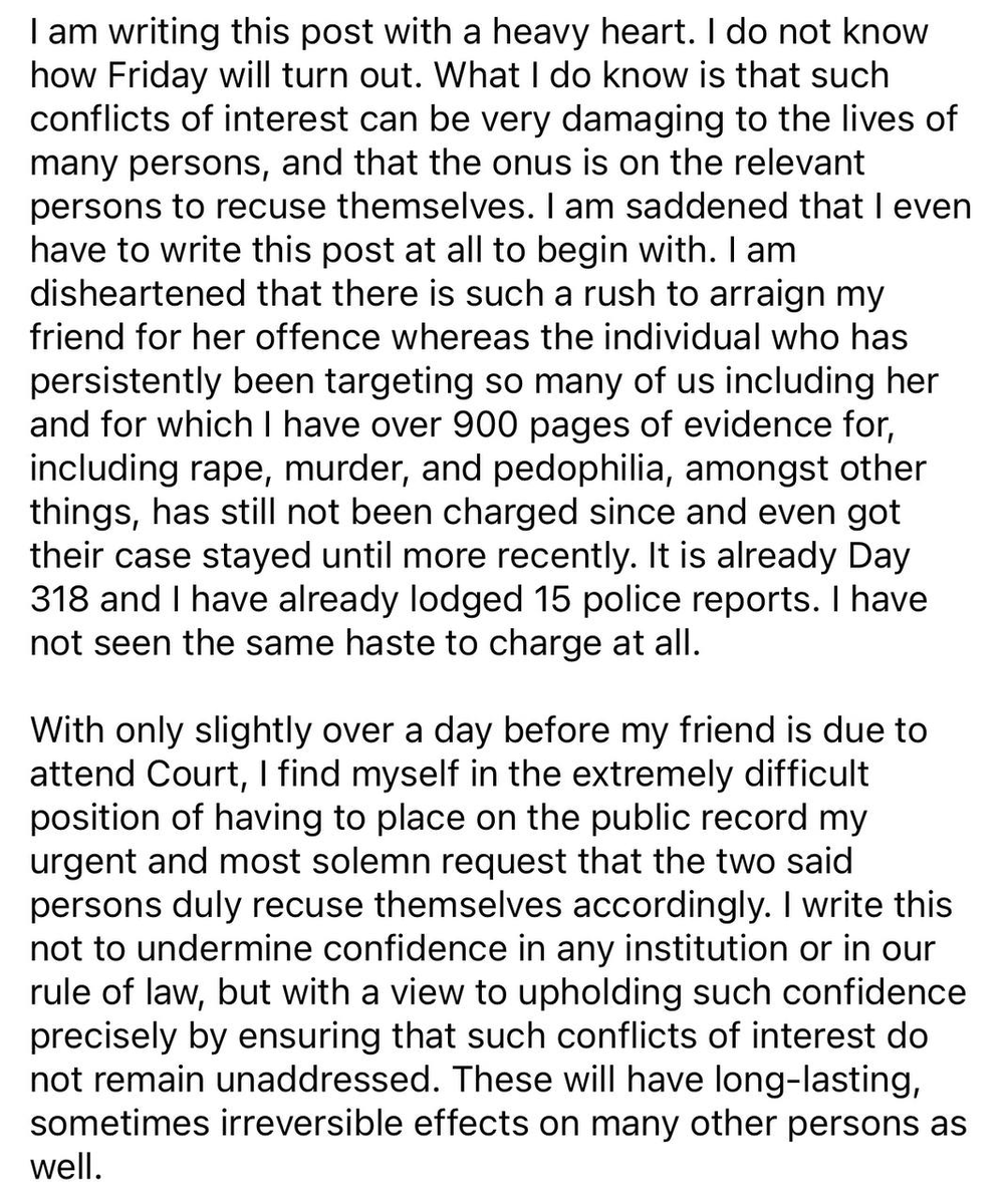 victimsofmalice's tweet photo. Carissa’s 22-page letter to the Istana is available here: https://t.co/IPAmDv5Uue. Please share. Do not let this be buried and silenced. https://t.co/2R6bGp9apP