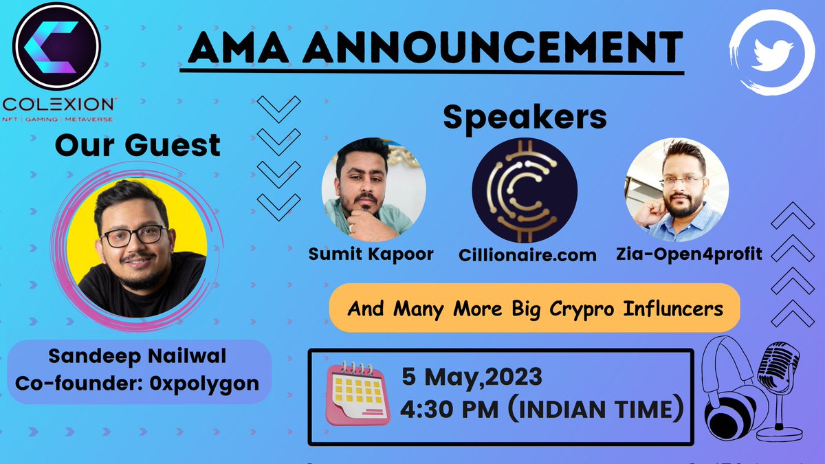 Wise Advice (@wiseadvicesumit) on Twitter photo ๐ข Drumroll please ๐ฅ
๐ I'm thrilled to announce our upcoming #AMA session with the guest speaker <a href="/sandeepnailwal/">Sandeep | CEO, Polygon Foundation (โป,โป)</a>, a visionary leader and the co-founder of <a href="/0xPolygon/">Polygon</a> ๐ hosted by @colexionNFT ๐ฅ
๐คฉ This promises to be an electrifying discussion on NFTs and Web3 ๐ก
๐ฃ๏ธGet ๐ข Drumroll please ๐ฅ
๐ I'm thrilled to announce our upcoming #AMA session with the guest speaker <a href="/sandeepnailwal/">Sandeep | CEO, Polygon Foundation (โป,โป)</a>, a visionary leader and the co-founder of <a href="/0xPolygon/">Polygon</a> ๐ hosted by @colexionNFT ๐ฅ
๐คฉ This promises to be an electrifying discussion on NFTs and Web3 ๐ก
๐ฃ๏ธGet