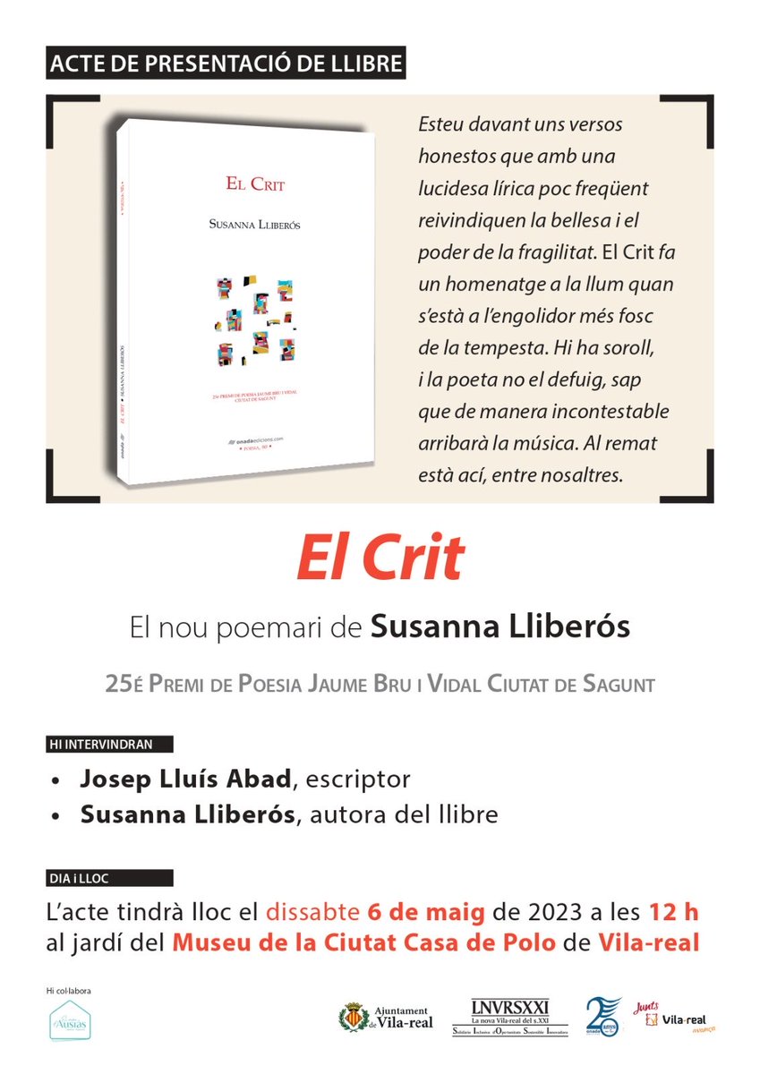 elpontcoop's tweet photo. Susanna Lliberós presenta EL CRIT aquest dissabte a Vila-real, amb el poeta Josep Lluís Abad. #ElCrit #poesia https://t.co/wrBMWIYgEI