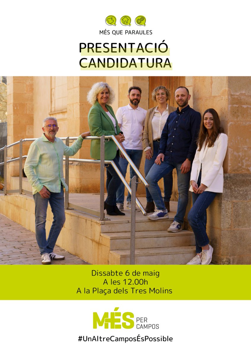 mespercampos's tweet photo. Vos convidem a la presentació de la candidatura. 
👉Dissabte 6 a les 12h👈
📍Plaça dels Tres Molins 

#Mésqueparules
#UnaltreCamposÉsPossible https://t.co/0d5h4caKpu