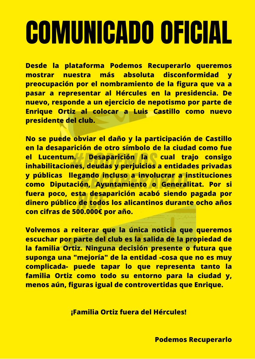 Comunicado Plataforma Podemos Recuperarlo.

#FamiliaOrtizFueradelHércules
