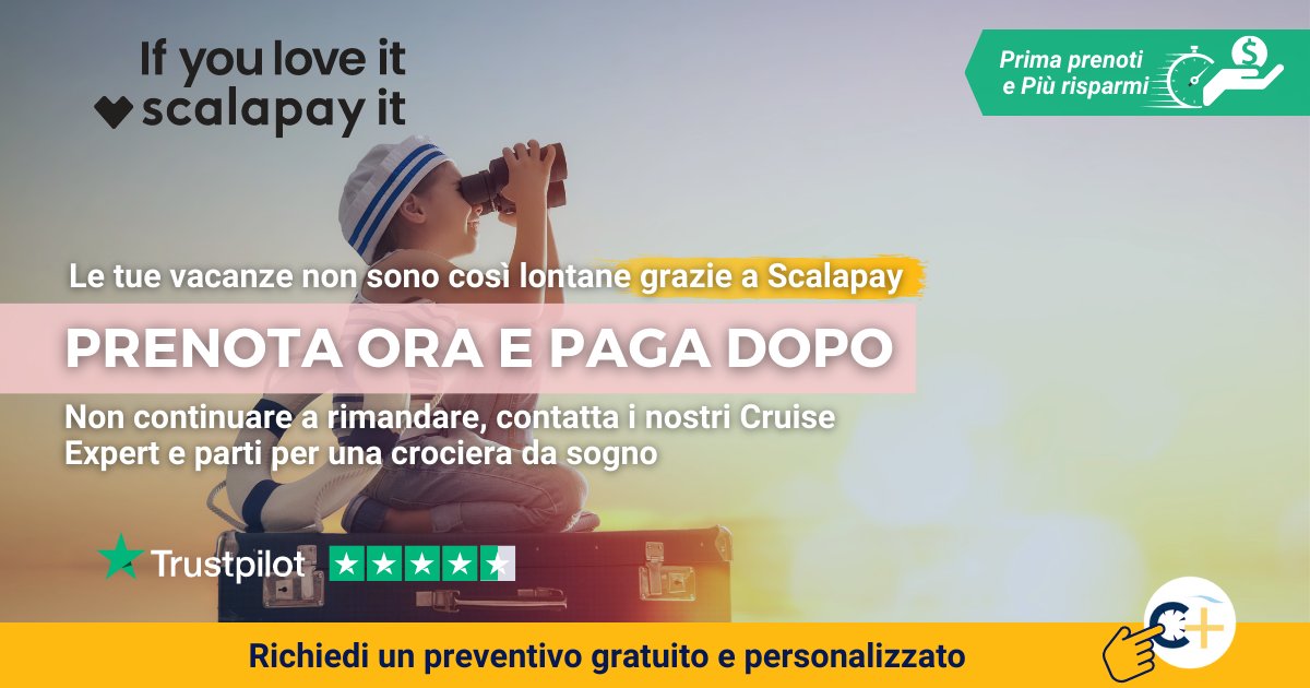 crocierepiu's tweet photo. Stanco di dover rimandare le tanto desiderate vacanze?
Contatta #crocierepiù e prenota subito la crociera dei tuoi sogni 🛳 e grazie a #scalapay dopo puoi pagare in 3 comode rate, senza interessi!
> https://t.co/t0GmX6Az3s
📞Centro prenotazioni 0766036214
✅WhatsApp 340 1966499 https://t.co/L4HB70Kv3h
