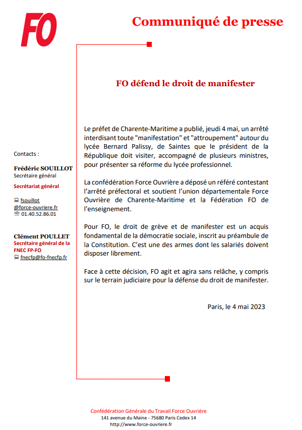 force_ouvriere's tweet photo. [#Communiqué FO] FO défend le droit de manifester.

"Pour FO, le droit de #grève et de #manifester est un acquis fondamental de la démocratie sociale, inscrit au préambule de la #Constitution. C’est une des armes dont les salariés doivent disposer librement". https://t.co/yJY0dazer0