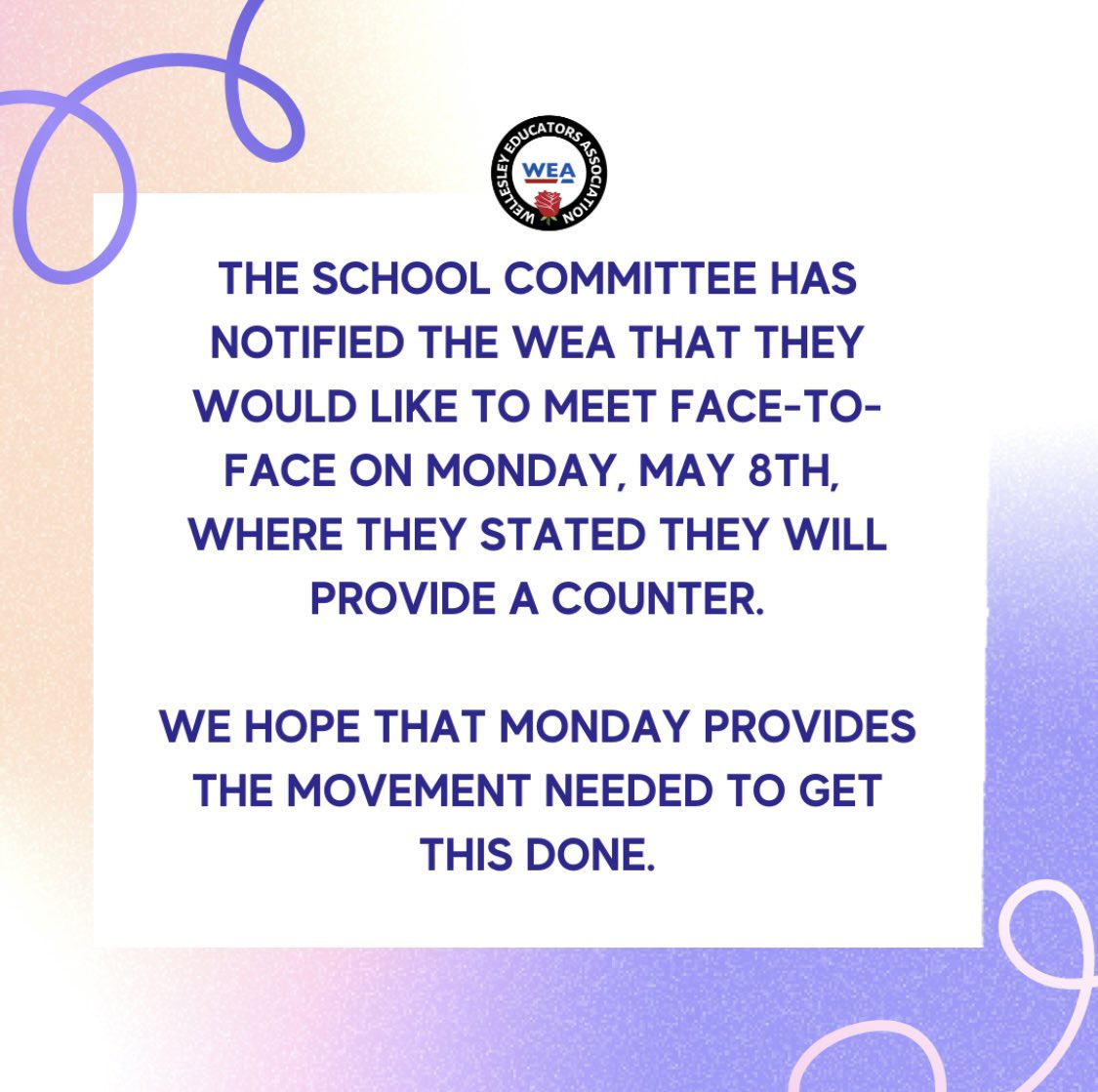 WEAunion's tweet image. Could have met face-to-face at any point up until now. Hope this means real and productive movement this Monday! 🌹#fairfivenow #whatwillittake ⁦@swellesley⁩