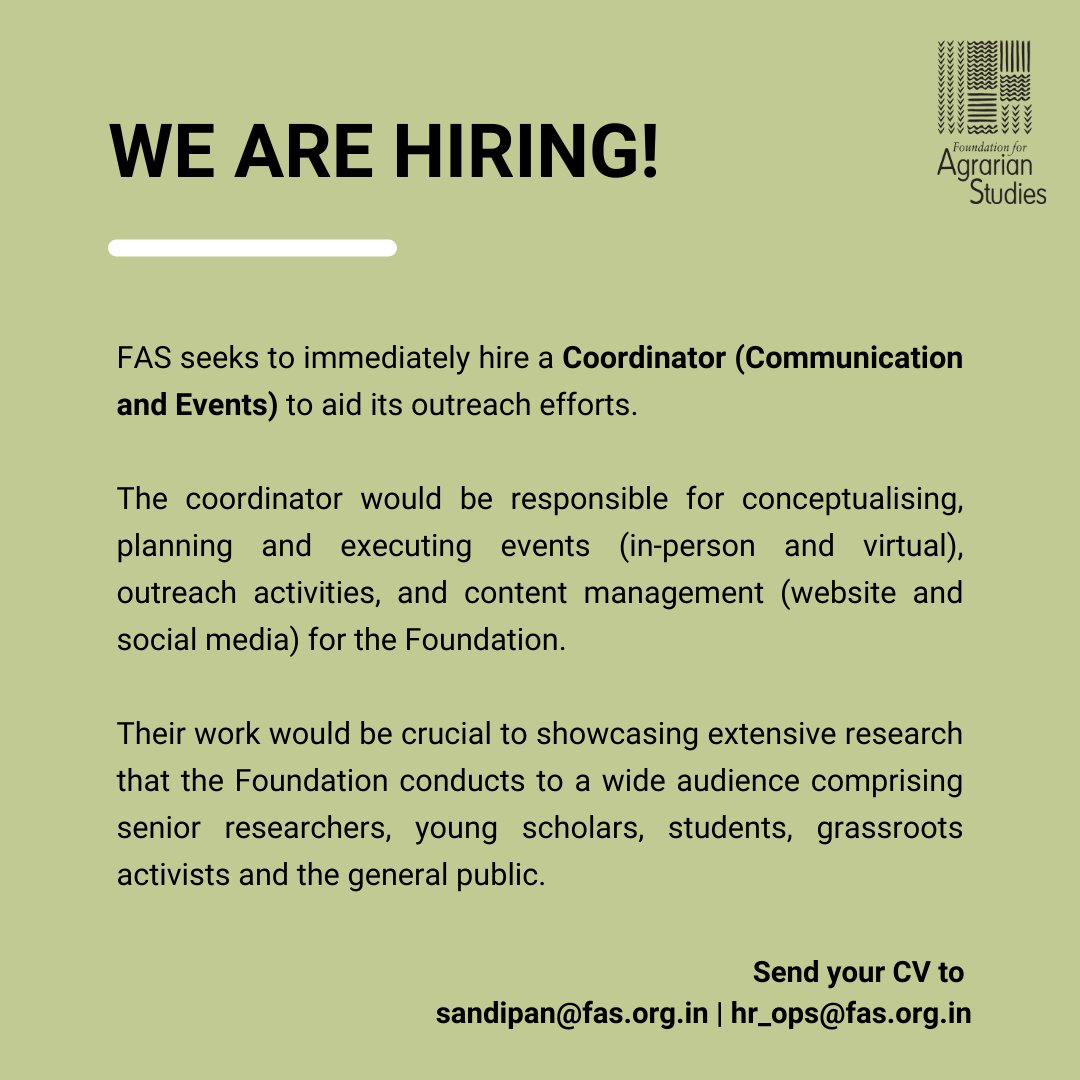 The Foundation is looking to hire a Coordinator (Communication and Events) to aid our outreach efforts. Selected candidate would have to work from the office of the Foundation in Bengaluru.

Click for more details!
fas.org.in/employment/

#hiring #hiringnow #commsjobs