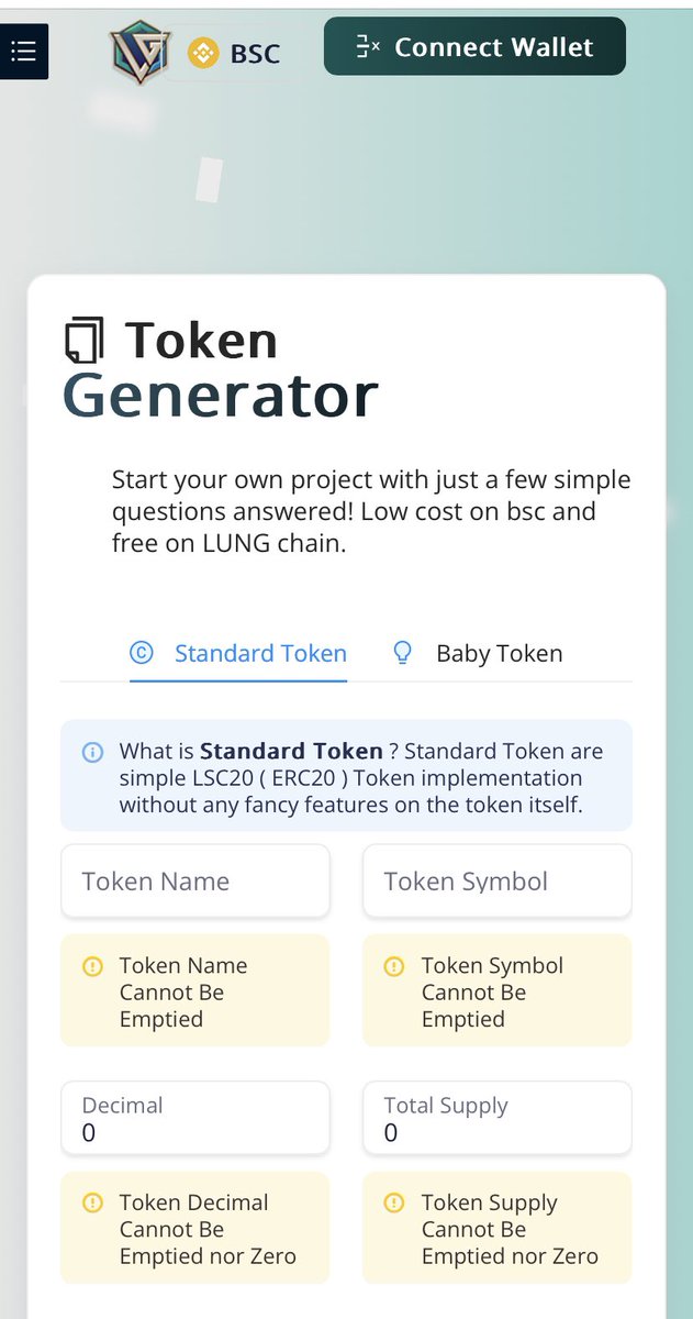 🛡️Create your own token or #memecoin token with ease for #BSC #bnbchain for LESS !
🛡️You can create your token on #LUNGCHAIN for FREE! Add LP and you're good to go!
dapp.lunagens.info

LungDeFI Token Locker is coming very soon!

#altcoin #blockchain #layer1 #bscgem #LungDeFi