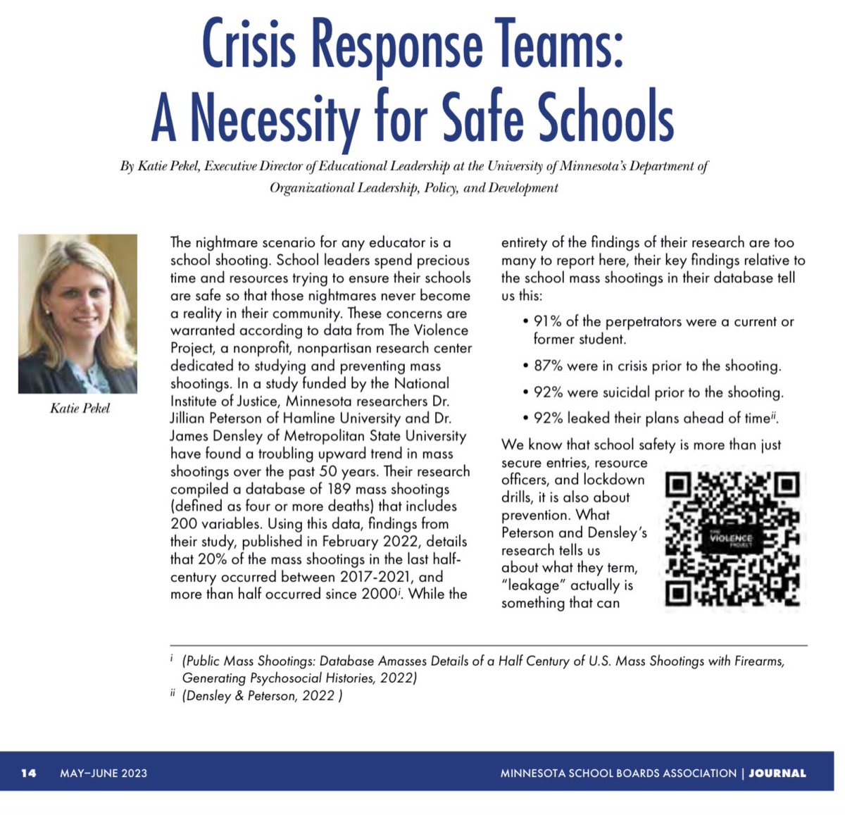 In this issue of the @mnmsba Journal I overview the data the nightmare scenario in school safety and how we can mitigate threats thanks to the work of @jillkpeterson & James Densley @theviolencepro. 

mnmsba.org/wp-content/upl…
