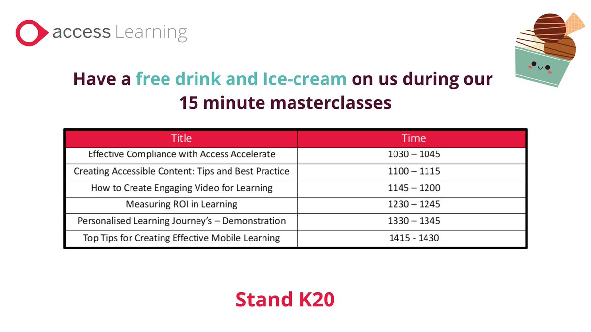 Access_LMS's tweet image. Another full day of talks at our stand today! Make sure you pop by and join one of our valuable learning masterclasses and enjoy some ice cream too! See you at stand K20!

#LT23UK #AccessLearning