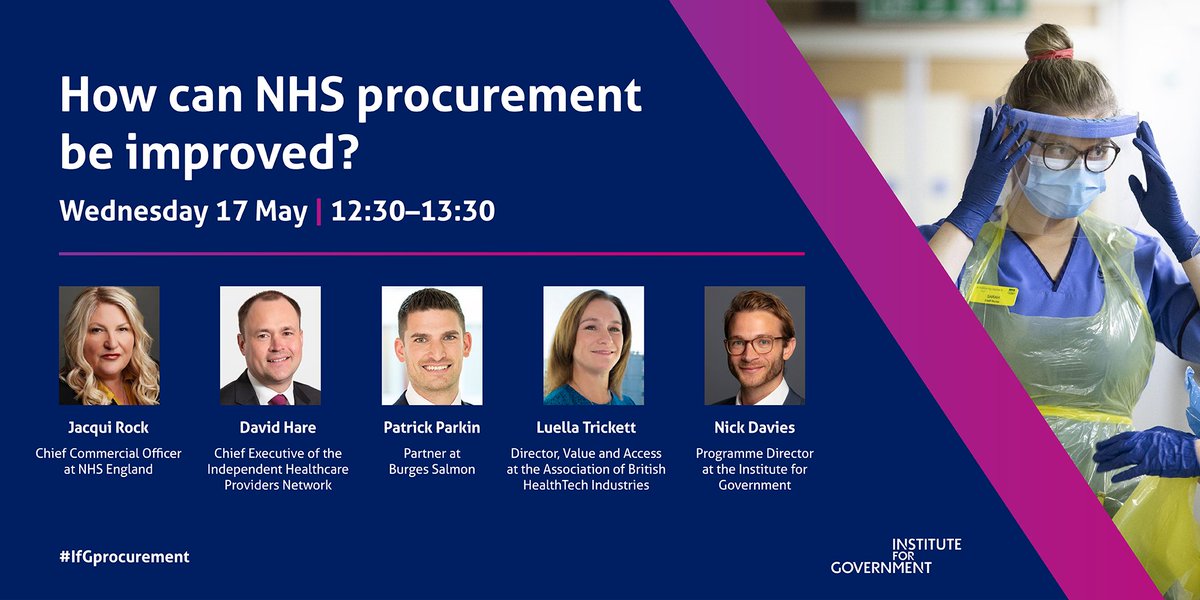 Join us for an expert briefing with <a href="/instituteforgov/">Institute for Government</a> where we explore how the #NHS can make the most of its collective buying power to minimise waste, as well as lessons learned from the pandemic to improve #procurement processes going forward.
 
Register:instituteforgovernment.org.uk/event/nhs-proc…