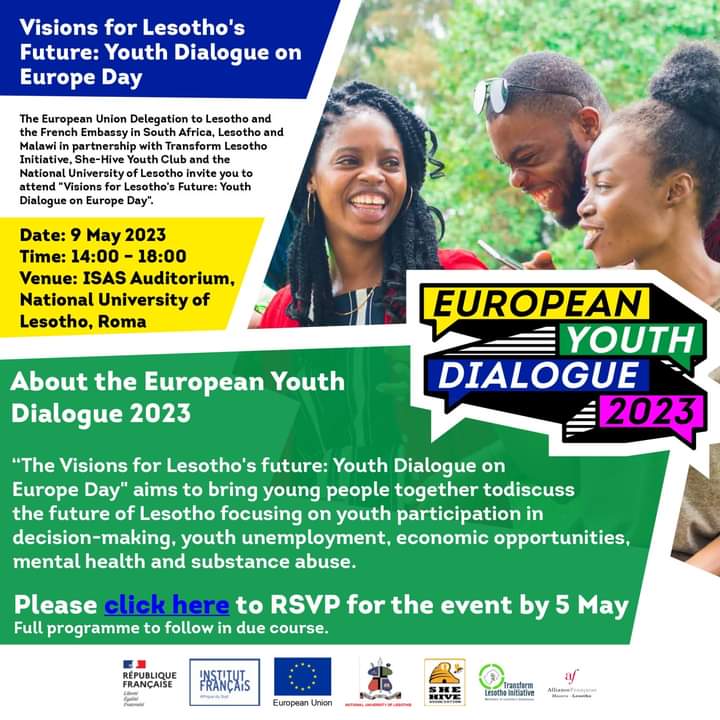 she_hive's tweet photo. Registrations are open for the European Youth Dialogue in Lesotho to talk and exchange about "Visions for Lesotho's Future: Youth Dialogue on Europe Day"
Link for registration here ⬇
https://t.co/0cCHeJyGnY
@EUinLesotho
@nul_roma
@Tsolo_Kabane
@nelson_khereng
#MochaBua
#SHYclub https://t.co/gJaIKydJcr