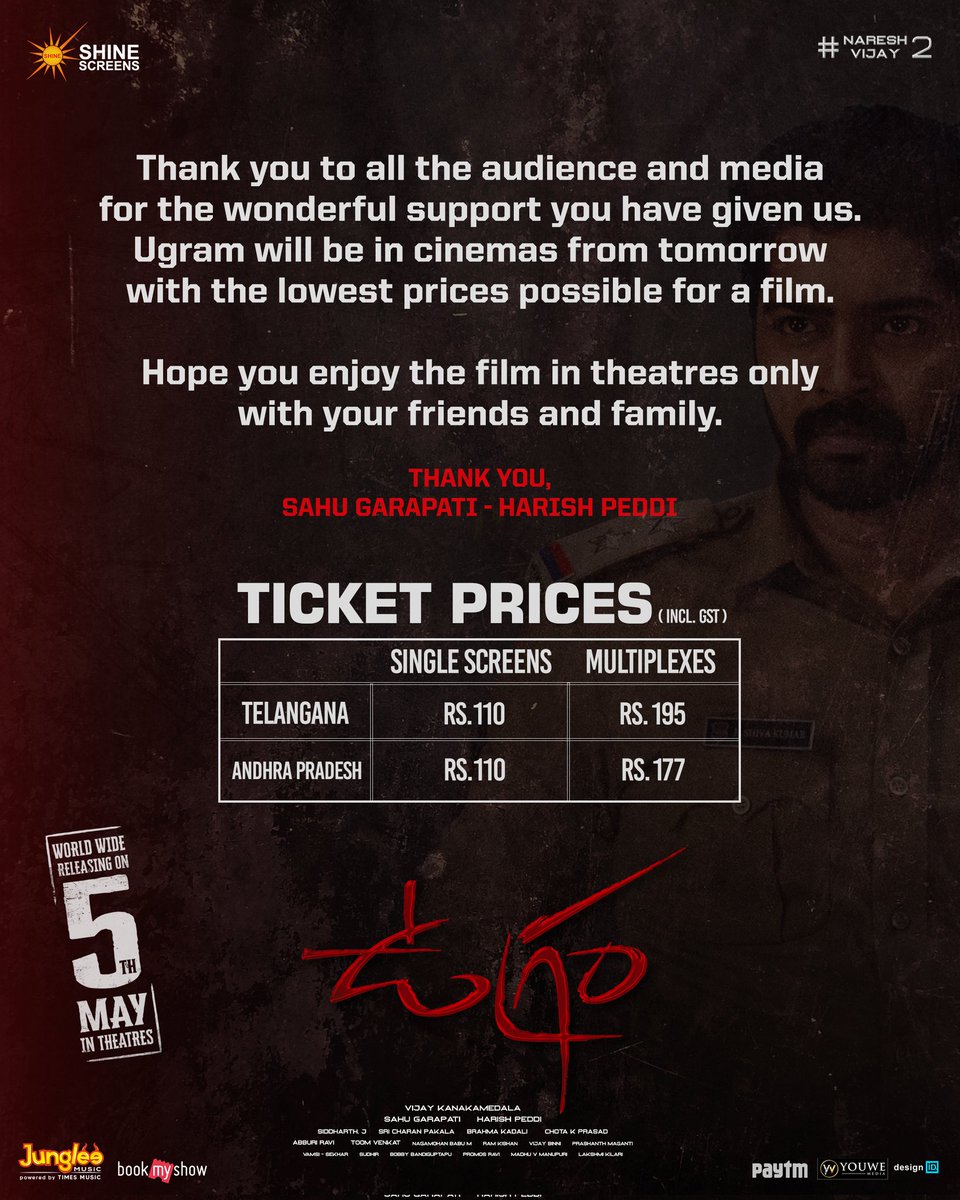 #Ugram Grand Release Tomorrow💥💥

Watch it at your nearest theatres at affordable prices with your friends and family ❤️

Book your tickets now!
- linktr.ee/UgramTickets

#UgramOnMAY5th
<a href="/allarinaresh/">Allari Naresh</a> <a href="/mirnaaofficial/">Mirnaa</a> <a href="/DirVijayK/">Vijay Kanakamedala</a> <a href="/sahugarapati7/">Sahu Garapati</a> <a href="/harish_peddi/">Harish Peddi</a>