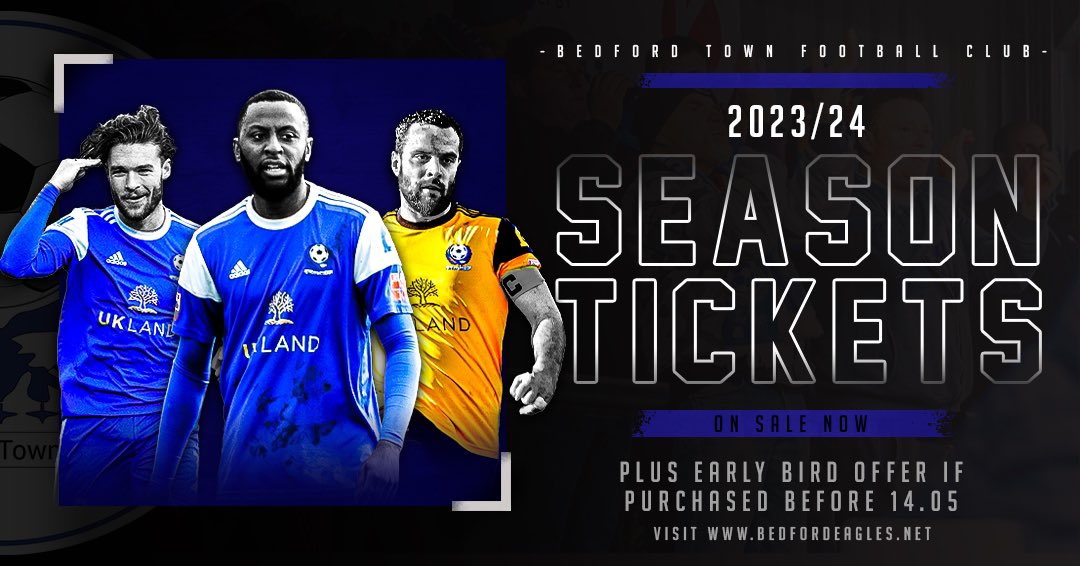 BedfordTown's tweet image. Who’s already renewed their Season Ticket for the 2023/24 season? ⚽️

Drop a like to let us know! 💙

If you haven’t yet, get yours before 14th May to see Lee Bircham’s Eagles in pre-season action free of charge with the Early Bird offer! 🤑