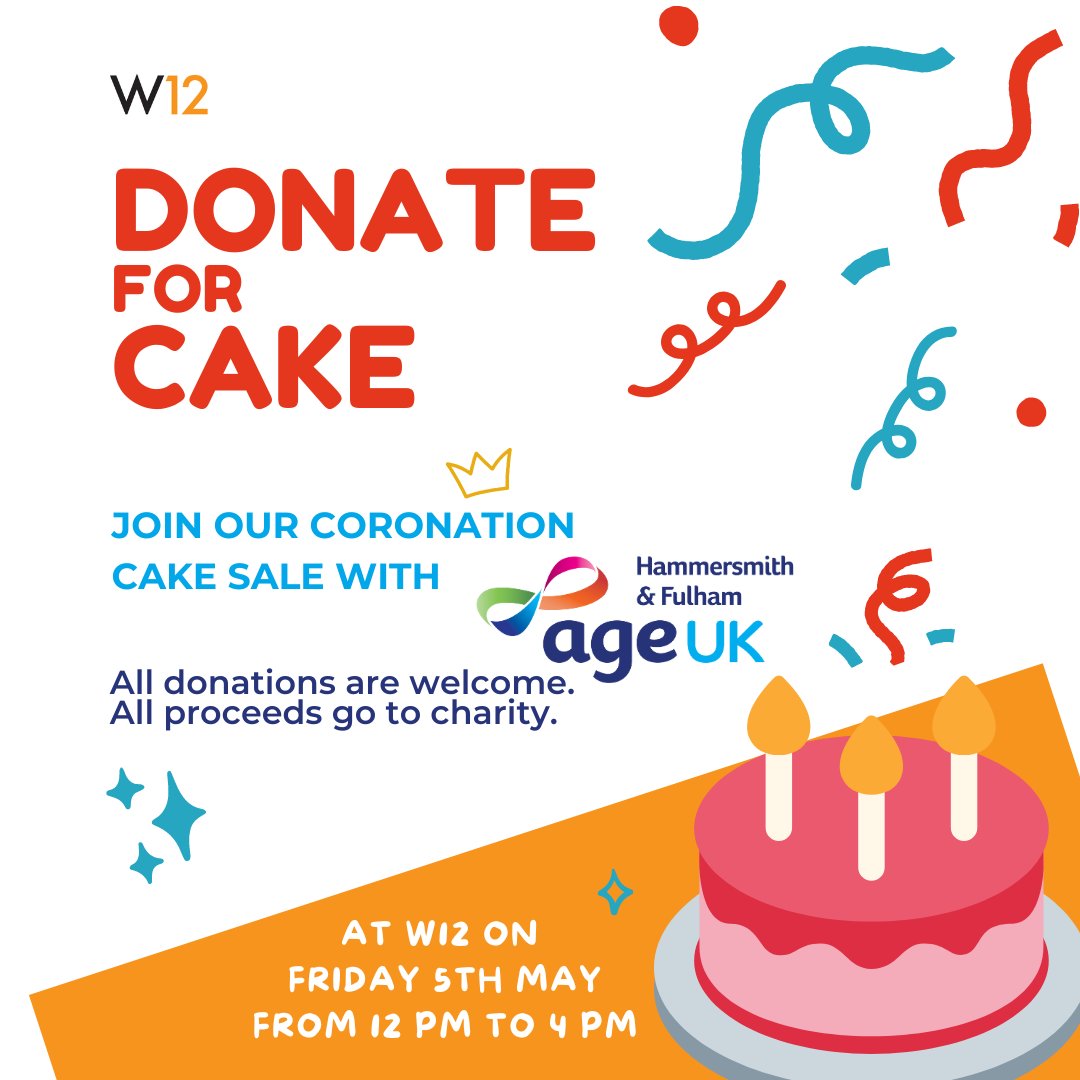AgeUKHF's tweet photo. 👑🎉 Join us tomorrow at @West12Shopping for a Coronation Cake Sale!
Indulge in delicious homemade cakes and help us make a difference in the lives of older people in our community. Perfect for a Friday treat! 🙌🏼
#coronation #west12shopping #ageukhf #givingback https://t.co/U32L2IYV91