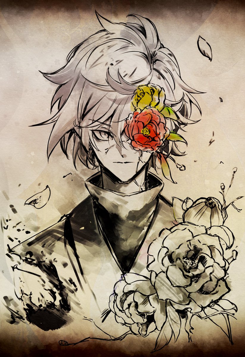 flower solo 1boy male focus flower over eye turtleneck looking at viewer  illustration images