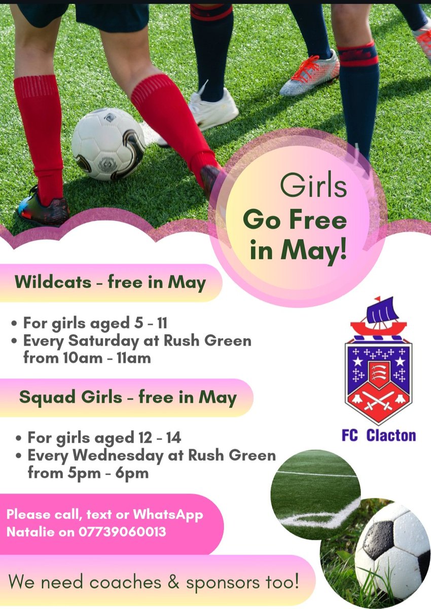 **MAY MADNESS @FC_Clacton**
⚽️Girls play for free in May!!⚽️
Come give Wildcats or Squad Girls for free for the whole month!
#getgirlsplaying #letgirlsplay
#freefootball #squadgirls #weetabixwildcats @EnglandFootball
@FC_Clacton @ClactonLadies
@EssexCountyFA @Sport_England