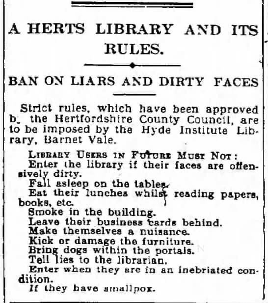 Posted to Reddit by user Jack-Campin, these library rules from the 1930s @HertsLibraries really put into perspective how much has and hasn't changed! We still advocate against eating at your desk, telling lies to the librarian and coming into school when you have smallpox...