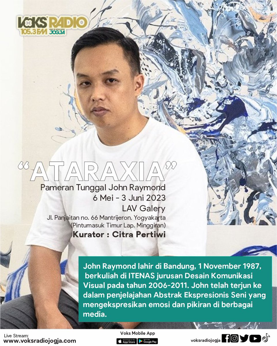 voksradiojogja's tweet photo. Hai #SobatVoks siapa nih yang ntar malam minggu 6 Mei lom punya tempat nongki? yuk hadiri pembukaan Pameran Tunggal John Raymond bertajuk "ATARAXIA" di LAV Galery. #VoksUpdate #VoksRadioJogja #LAVGalery https://t.co/iKQqx3wogk