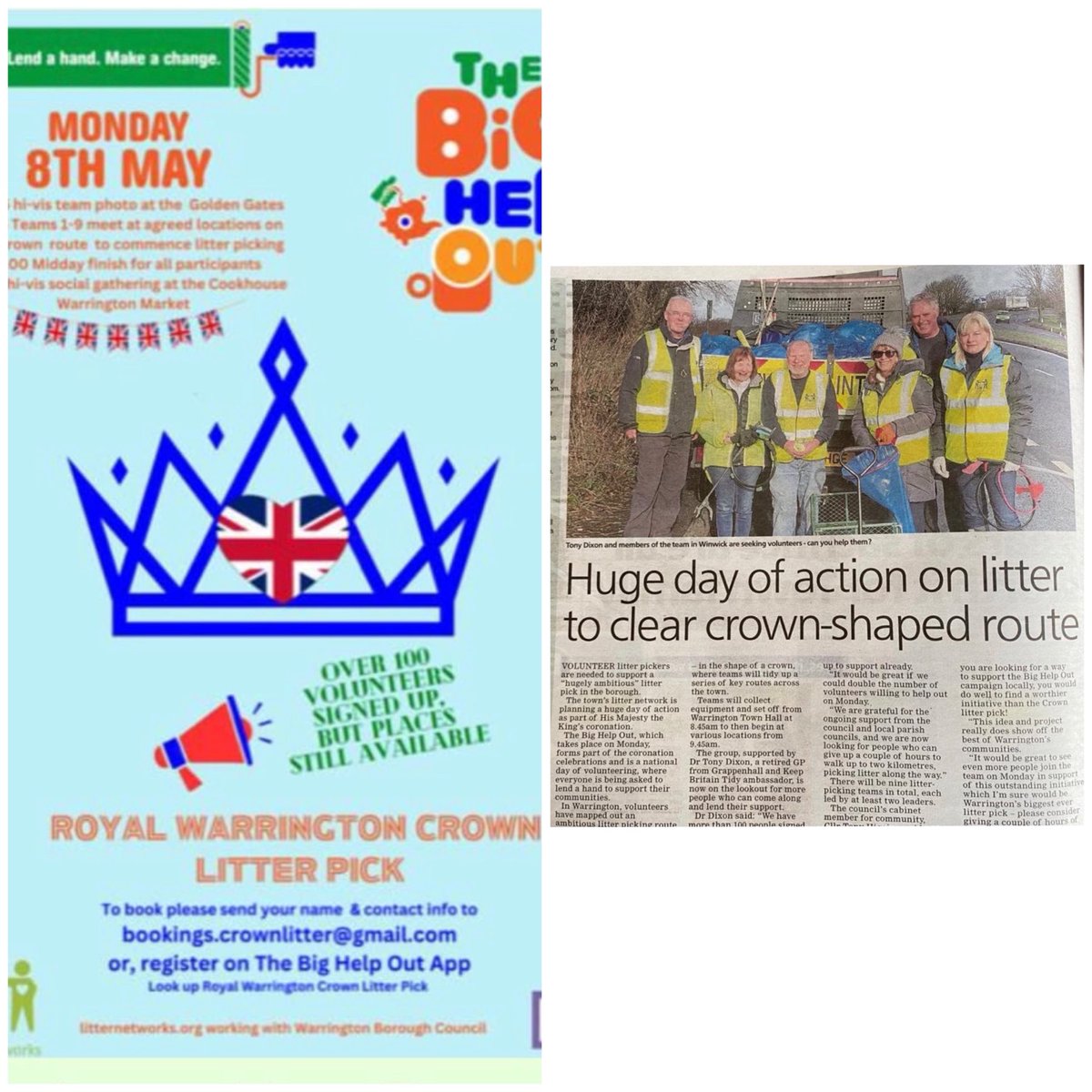 Steve McGuirk CBE,DL (@whhftchair) on Twitter photo So…my litter picking buddies have done an amazing job designing an pick of streets in the shape of a crown for the coronation. Weather looks a bit naff for Monday so why not do something with other people to make a difference. Email bookings.crownlitter@gmail.com. Please RT 👏🏻 So…my litter picking buddies have done an amazing job designing an pick of streets in the shape of a crown for the coronation. Weather looks a bit naff for Monday so why not do something with other people to make a difference. Email bookings.crownlitter@gmail.com. Please RT 👏🏻