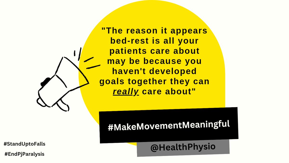 🛌 Wish patients would be out their beds more❓

🏥 Patients seem to want to be in bed all day❓

🥅 Meaningful &amp; jointly constructed goals are powerful

🗣️This requires #NHS leads to value connection between patients &amp; staff, not arbitrary productivity targets

#EndPjParalysis