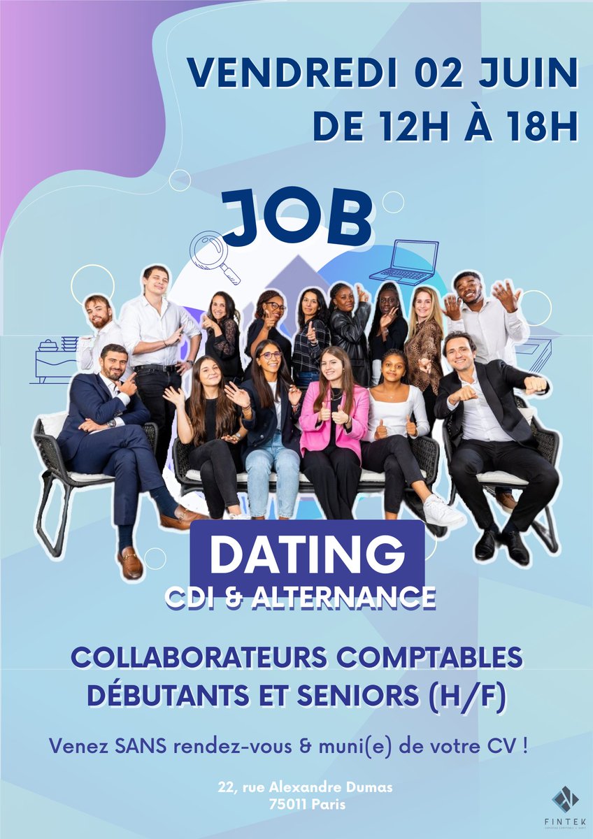 [JOB DATING 📣]

📅 Le Vendredi 02 Juin, le cabinet d'expertise comptable #Fintek organise un Job Dating ! 🤝

💼 Vous êtes un(e) Collaborateur(trice) Comptable débutant(e) ou senior ?

👋 Venez nous rencontrer SANS RDV &amp; avec votre CV !

#comptabilité #alternance #comptable #cdi
