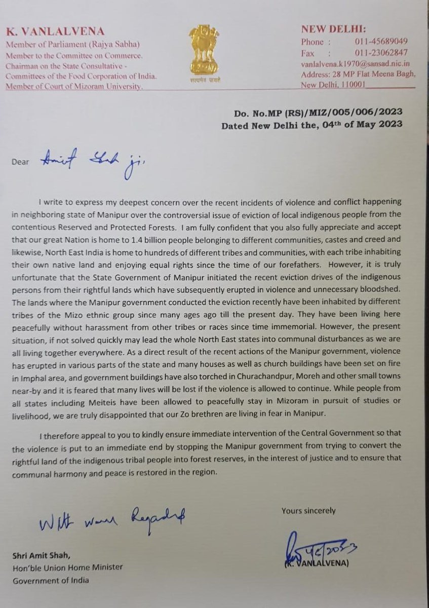 VanlalvenaK's tweet photo. I submitted a memorandum to Hon'ble Home Minister Shri Amit Shahji requesting him to solve the ongoing problems in Manipur. https://t.co/PPuwWsLpx0