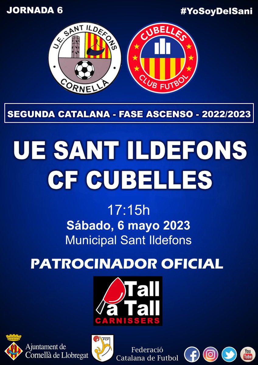 uesantildefons's tweet photo. 🔜⚽️ ¡TOD@S AL MUNICIPAL! 🔥

⚔️ ¡El #PrimerEquipo tiene un partido 𝗺𝘂𝘆 𝗶𝗺𝗽𝗼𝗿𝘁𝗮𝗻𝘁𝗲 para continuar en la lucha por el ascenso a Primera Catalana! ¡𝗢𝗦 𝗡𝗘𝗖𝗘𝗦𝗜𝗧𝗔𝗠𝗢𝗦! 💪🏻

🆚 @CFCubelles
📆 Sábado, 6 de mayo
🕒 17:15h 

#SaniCubelles #YoSoyDelSani 💙 https://t.co/6tQr9bvbPd