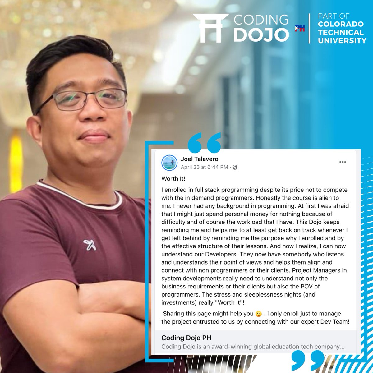 CodingDojoPh's tweet image. Thank you for sharing your story about your experience with our bootcamp, Joel.
We appreciate you! And we are so proud of you!
#webdevelopment #SoftwareDeveloper #CodingDojoPH