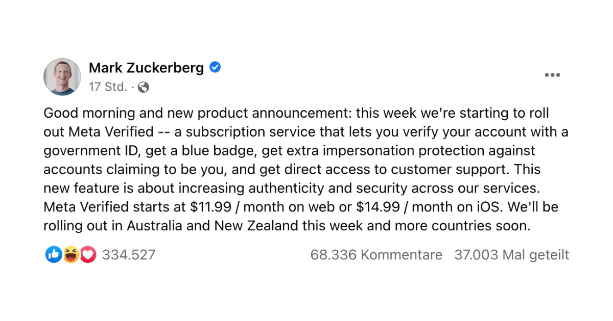 JensSchlueter's tweet photo. Welchen Sinn macht das? Von der ursprünglichen Idee dahinter ist nicht mehr als ein absurdes Geschäftsmodell übrig geblieben 🤷‍♀️ #Meta Verified: Blauer Haken gegen Bezahlung für #Instagram &amp; #Facebook https://t.co/SdVXPPxT09 #verified https://t.co/ThX9zn4gbZ