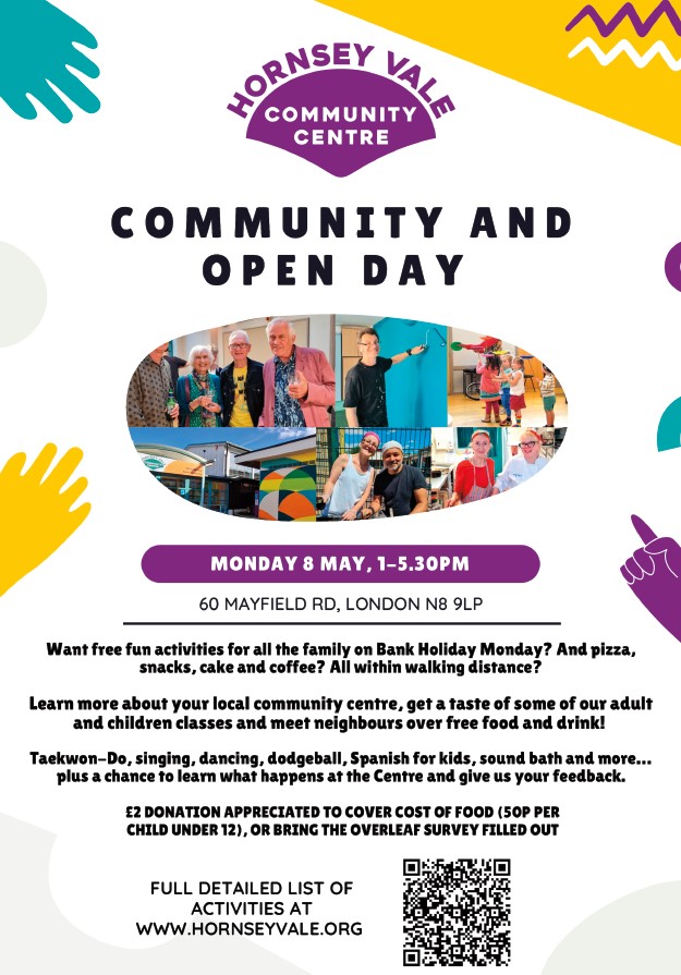 Open Day at Hornsey Vale bank holiday Monday!
Taster sessions: Taekwon-Do, Dodgeball, Singing Mamas, Mummyfolk, Lingotot, Creative Arts Kids, ReikiRei sound bath, Capoeira. Citizen's Advice. 
Food, tea, coffee and meet Hornsey Vale sessions.
See you there?
#crouchend #bigHelpOut