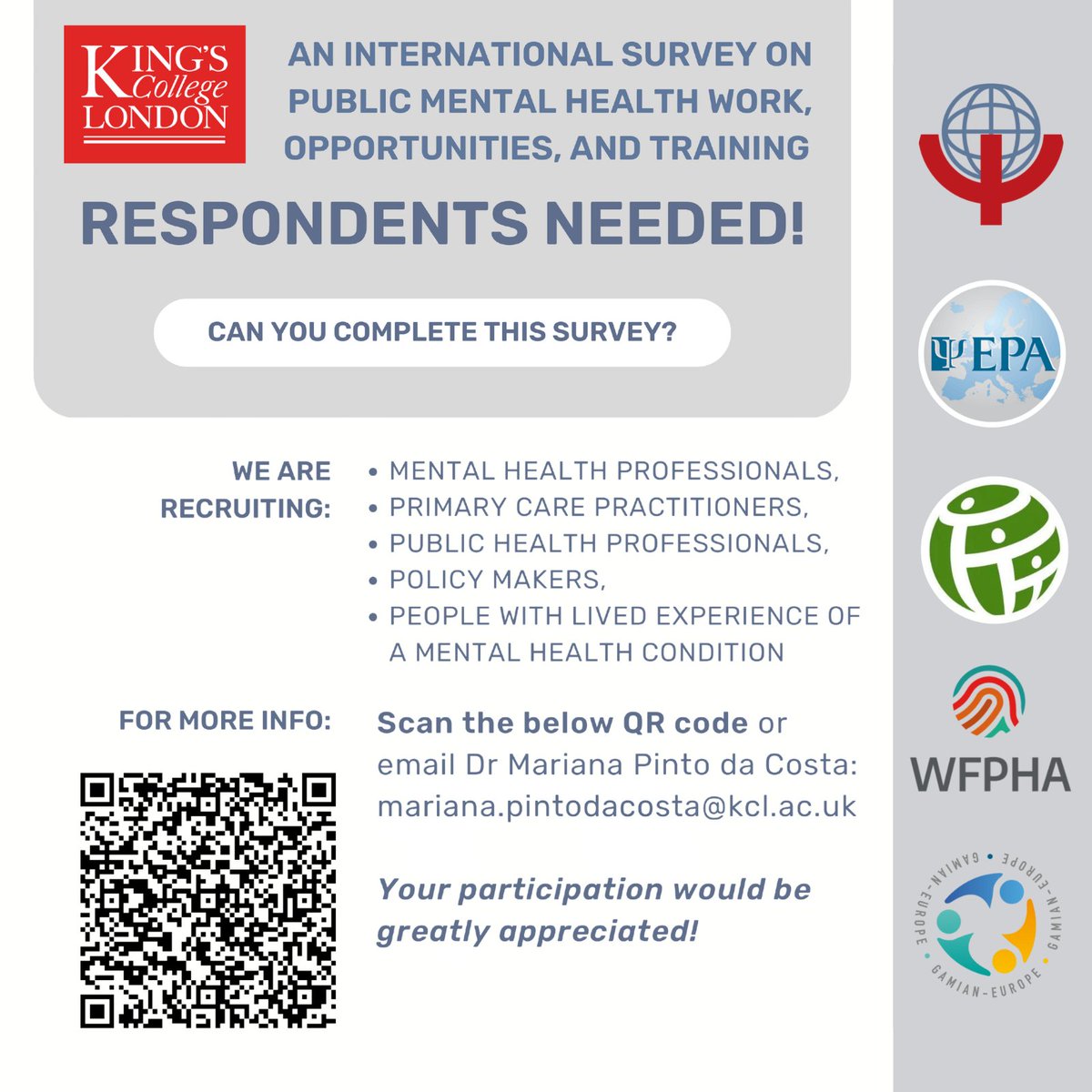 📢 Calling all #mentalhealth professionals, public health practitioners, policymakers, and people with experience of living with a mental health condition 

📝 <a href="/KingsCollegeLon/">King's College London</a> needs your input to a #survey on #PublicMentaHealth

ℹ️  kcl.ac.uk/research/an-in…
