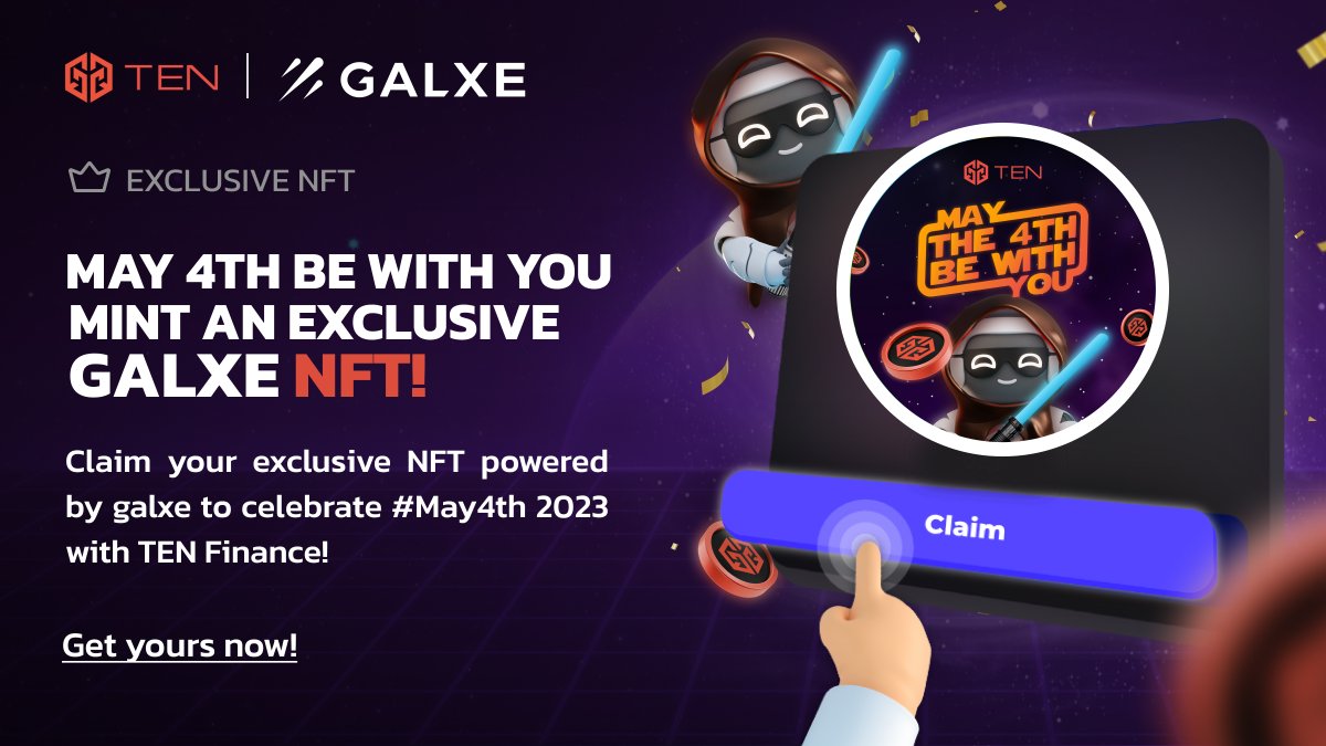 TEN.finance (@tenfinance) on Twitter photo 🌌#MayThe4thBeWithYou Celebrate #StarWarsDay with @TENFinance !
✨Mint your free #NFT powered by <a href="/Galxe/">Galxe</a> by completing some simple tasks👇
bit.ly/41578NW
1️⃣Follow <a href="/LEND_finance/">LEND.finance | Testnet...$ETH $BASE $S $MONAD</a> & <a href="/TENfinance/">TEN.finance</a>
2️⃣Like + RT
3️⃣Join our telegram channels
Earn your limited edition NFT now! 🌌#MayThe4thBeWithYou Celebrate #StarWarsDay with @TENFinance !
✨Mint your free #NFT powered by <a href="/Galxe/">Galxe</a> by completing some simple tasks👇
bit.ly/41578NW
1️⃣Follow <a href="/LEND_finance/">LEND.finance | Testnet...$ETH $BASE $S $MONAD</a> & <a href="/TENfinance/">TEN.finance</a>
2️⃣Like + RT
3️⃣Join our telegram channels
Earn your limited edition NFT now!