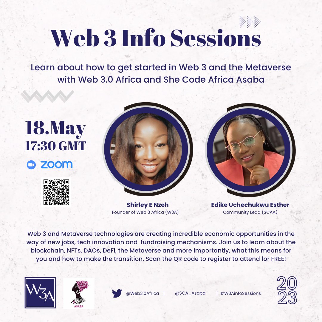 SCA_Asaba's tweet photo. What is Web3? Find out at the info session with @Web30AfricA and @SCA_Asaba on May 18th, 2023 at 5:30 PM GMT, 6:30 PM WAT
Register using this link: https://t.co/vnwDuW8Rtz
#W3A #Web3 #Web3InfoSessions #web3Africa #Web3community #Africa #Web30Africa @neerah_01 @ShirleyNzeh https://t.co/nEPp7jWoX5