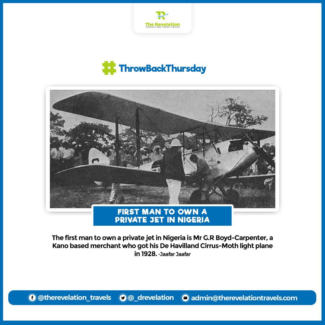 newwayconsults's tweet photo. Did you know that the first private jet in Nigeria was owned by Mr. G. R. Boyd-Carpenter back in 1928? It's fascinating to look back on the history of flight and see how it has evolved over the years.

#ThrowBackThursday
#thursdaymorning 
#thursdayvibes 
#TheRevelations https://t.co/g75fWxOCrB
