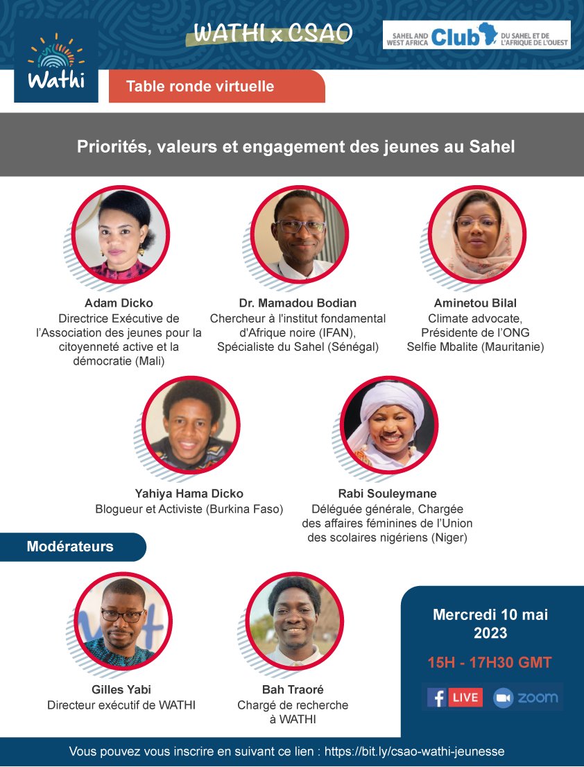 Le Think Tank citoyen <a href="/WATHI_ThinkTank/">West Africa Think Tank (WATHI)</a> en partenariat avec le <a href="/SWAC_OECD/">SWAC OECD</a> , vous invite à une table ronde virtuelle qui se tiendra le Mercredi 𝟏𝟎 𝐦𝐚𝐢 2023 à 𝟏𝟓𝐡 𝐆𝐌𝐓 sur le thème: "Priorités, valeurs et engagement des jeunes au Sahel".
bit.ly/csao-wathi-jeu…
<a href="/MaixSOME/">Maix SOMÉ</a>