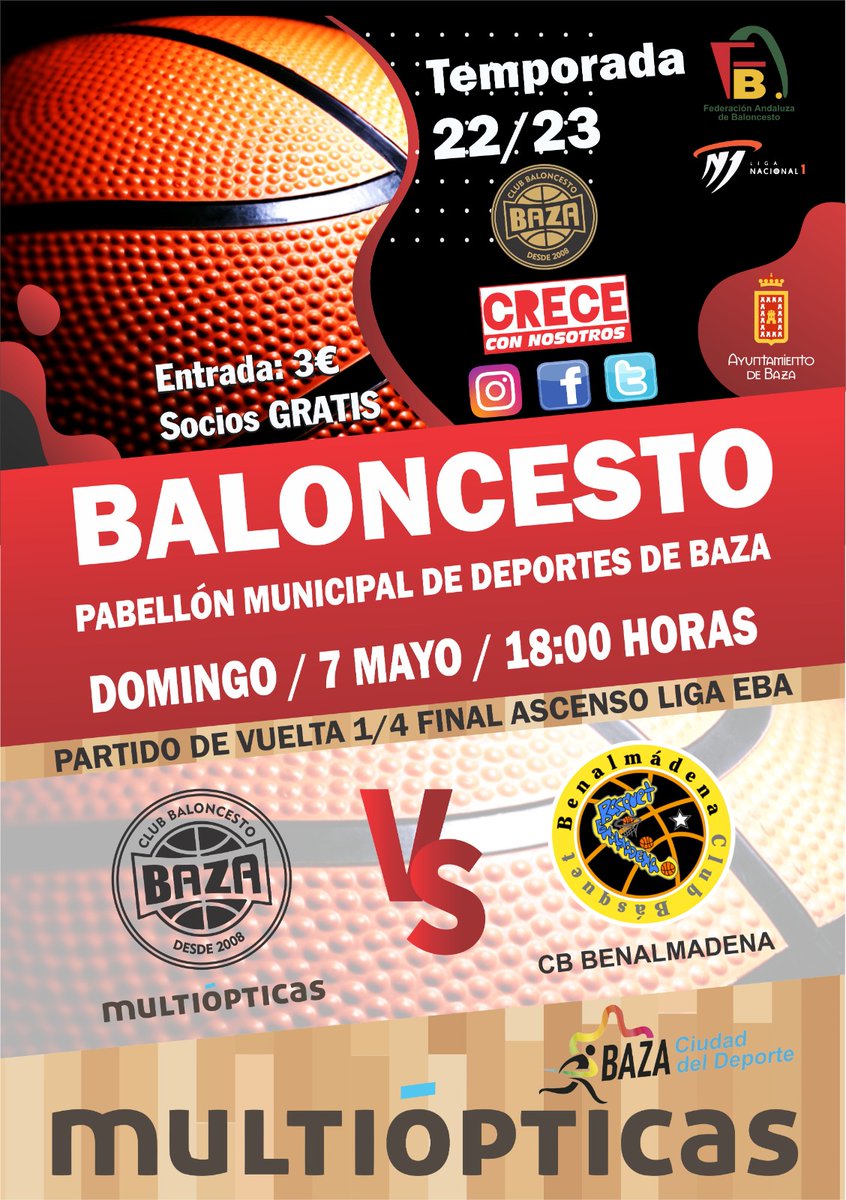 Vuelta de la eliminatoria de ascenso a EBA 
DOMINGO A LAS 18 H partido para la historia, recibiendo a un grande de Málaga como es Cb Benalmádena , no te lo pierdas ven y disfruta del espectáculo emoción en una eliminatoria por decidir 
🔥Ayuda a este reto🔥

<a href="/AytoBaza/">Ayuntamiento de Baza</a>