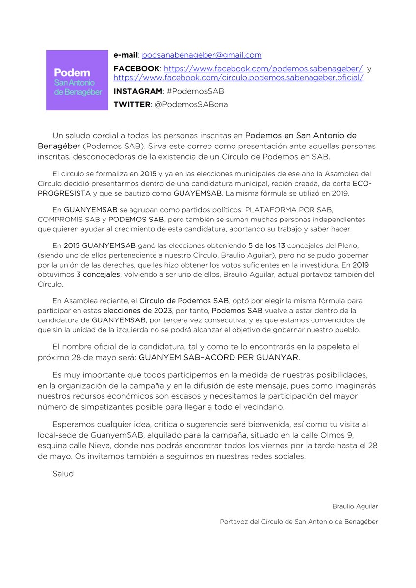 PodemosSABena's tweet photo. Si eres persona INSCRITA en Podemos San Antonio de Benagéber habrás recibido esta carta en tu correo. 
Si aun no estás inscrita, pero alguna vez te lo has planteado, ahora es el momento. No es necesario realizar ninguna aportación. 
Braulio Aguilar
Portavoz del Círculo de SAB. https://t.co/6TYAZQavbL