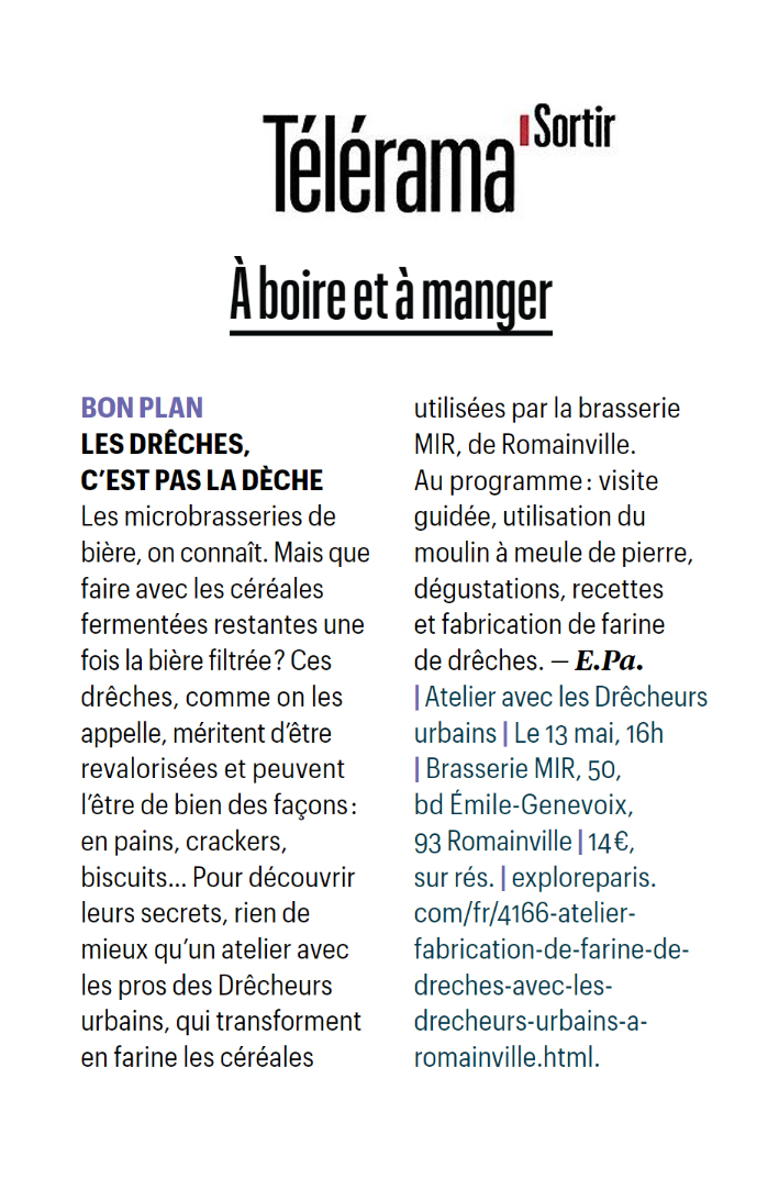 On est dans le <a href="/TeleramaSortir/">Télérama Sortir</a> de cette semaine avec Les Drêcheurs Urbains (farine <a href="/lapintine/">La_Pintine</a>).
Pour s'inscrire aux ateliers organisés par Benoît :
exploreparis.com/fr/4166-atelie…
#biere #bieremir #romainville #drêche #brasserie #microbrasserie #economiecirculaire #valorisation
