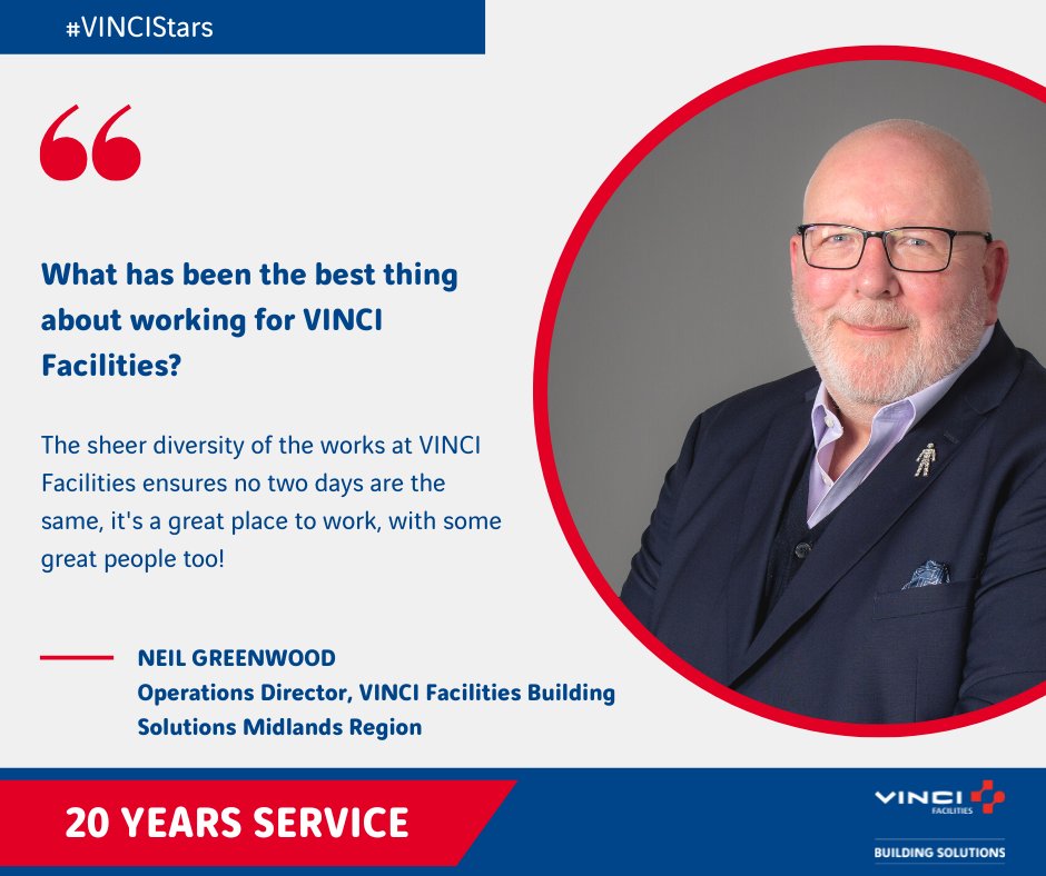 ⭐ Congratulations to Neil Greenwood who celebrates 20 years at VINCI Facilities Building Solutions this month! ⭐

#VINCIStars #YourFuture